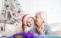 Granddaughter in sit hugging with grandma Royalty Free Stock Photo