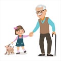 Granddaughter walking with her grandfather with baby dog, Grandparents and grandchildren.hand in hand.Happy grandparents with