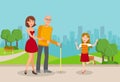 Granddaughters, Elderly Father Flat Illustration