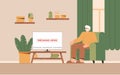 Granddfather sitting on sofa watching tv news at home in cozy room. Flat style vector illustrataion