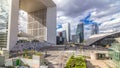 The Grande Arche and skyscrapers timelapse in the Defence business district of Paris, France. Royalty Free Stock Photo