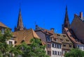 Cathedral, Eglise du Temple Neuf spires, half timbered houses, Strasbourg France Royalty Free Stock Photo