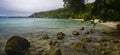 People taking ocean bath on the beautiful beach of Petit Havre beach in south on Grande-Terre on Guadeloupe island