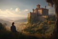 Grandeur of the Palace: Cinematic 3D Render of Couple Amidst Majestic Hills
