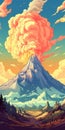 Grandeur Of Scale: A Vivid Comic Book Style Illustration Of A Volcano With Lava And Clouds