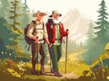 happy hiking couple walking grandfather old active elderly senior trekking. Generative AI.