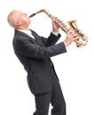 Grandpa playing on saxophone on white isolated background Royalty Free Stock Photo