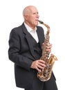 Grandpa playing on saxophone on white isolated background Royalty Free Stock Photo