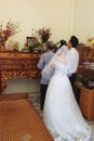 Grandfather with bride and groom are burned incense to forefather in wedding day Royalty Free Stock Photo