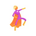 Grandfather character in comics superhero suit with orange cape and mask. Cartoon elderly man with super powers in