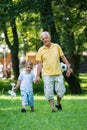 Grandfather and child have fun in park Royalty Free Stock Photo