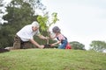 Grandfather and child planting tree in park family togetherness