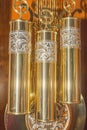 Grandfather clock brass weights pulleys illuminated