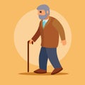 Grandfather with a crutch and a beard goes to the doctor or pharmacy, vector illustration, Royalty Free Stock Photo