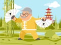 Grandfather fan chinese wushu kungfu taichi fitness china healthy activities adult old age man asian character cartoon
