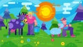 Grandfather farmer takes care animals, bright colorful nature, farm farming outdoors, design, cartoon style vector