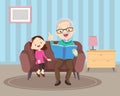 Grandfather with grandchildren girl reading on sofa