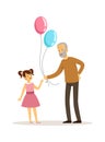 Grandfather and granddaughter. Old man gives balloons happy little girl. Birthday card, family gift or time with