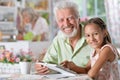 Grandfather with granddaughter using laptop Royalty Free Stock Photo
