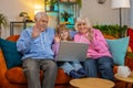 Grandfather grandmother and child granddaughter making video call online on laptop at home sofa Royalty Free Stock Photo