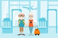 Grandfather and grandmother with a packsack travel. Travelling with the knapsack. Background of airport interiors Royalty Free Stock Photo