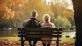 grandfather and grandmother sitting on bench back view