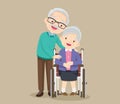 Grandfather and grandmother sitting on wheelchair