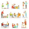 Grandfather And Grandmother Spending Time Playing With Grandkids, Small Boys And Girls With Their Grandparents Vector