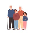 Grandfather, grandmother standing with grandchildrens. Embracing granddad, grandma and grandson, granddaughter. Loving
