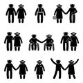 Grandfather and grandmother stick figure couple holding hands, cuddling icon silhouette pictogram vector illustration