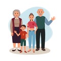 Grandfather and grandmother with their grandchildren are standing. Vector illustration of happy grandparents with