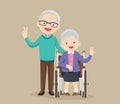 Grandfather and grandmother victory hand sitting on wheelchair