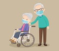 Grandfather and grandmother wearing Medical mask sitting wheelchair