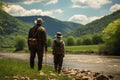 Grandfather and grandson enjoying a fishing trip together on a tranquil river on sunny day Royalty Free Stock Photo