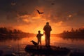 Grandfather grandson fishing sunset. Generate Ai