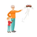 Grandfather And Grandson Flying A Drone, Part Of Grandparent Grandchild Passing Time Together Set Illustrations