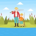 Grandfather and Grandson Going Fishing, Grandparent and Grandchild Having Good Time Together at Sunny Summer Day Cartoon Royalty Free Stock Photo