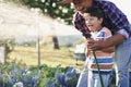 Grandfather and grandson having fun while watering vegetables Royalty Free Stock Photo