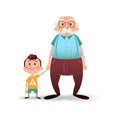 Grandfather and grandson holding hands. Little boy and old man cartoon illustration. Happy family concept.