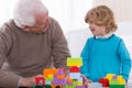 Grandfather and grandson playing bricks