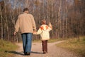 Grandfather and the grandson walk on wood Royalty Free Stock Photo