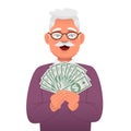 Grandfather is happy to win the lottery. A handsome old gray-haired man with money in his hands. An elderly man holds dollar bills Royalty Free Stock Photo