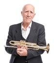 Grandpa playing on trumpet on white isolated background Royalty Free Stock Photo