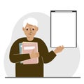 A grandfather holds a stack of books in one hand, a clipboard in the other, space for text. Knowledge, education Royalty Free Stock Photo