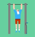 Grandfather on horizontal bar. Pull up granddad street workout. Old man Sport. Fitness for seniors