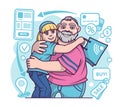 Grandfather hugging happy granddaughter. Profitable shopping day concept
