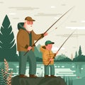 Grandfather and kid boy together fishing in summer day on river in countryside. elderly man teach child boy to fish