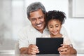 Grandfather, learning and girl with tablet in home for streaming video, movie or social media. Bonding, touchscreen and