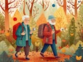 old hiking grandfather elderly walking happy senior trekking couple active. Generative AI.