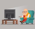 Grandfather Old Man Watching TV Sit Armchair Cartoon Character Flat Design Vector Illustration